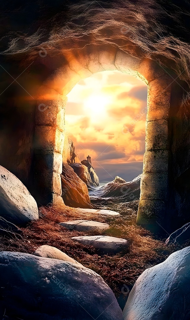 Caverna com abertura de pedra e lindo céu cristão