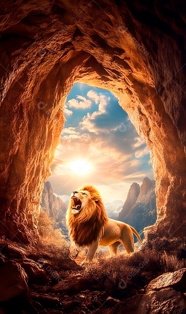 Caverna com abertura de pedra com leão e linda