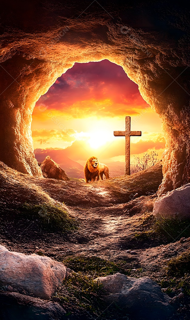 Caverna com abertura de pedra com leão e linda calvário