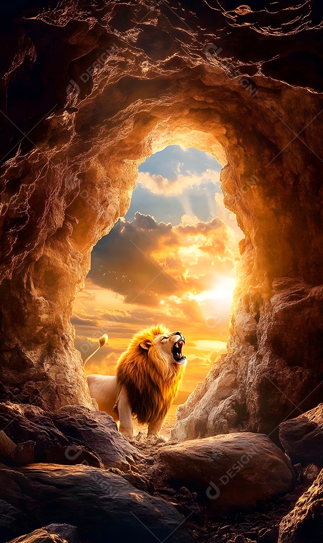 Caverna com abertura de pedra com leão e lindo