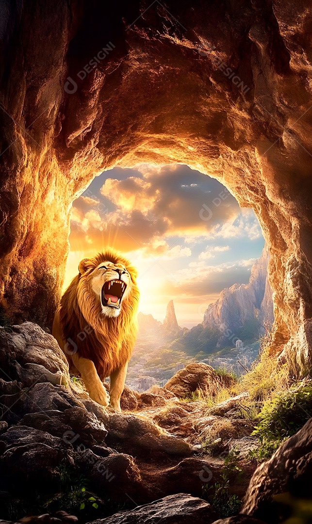 Caverna com abertura de pedra com leão e linda