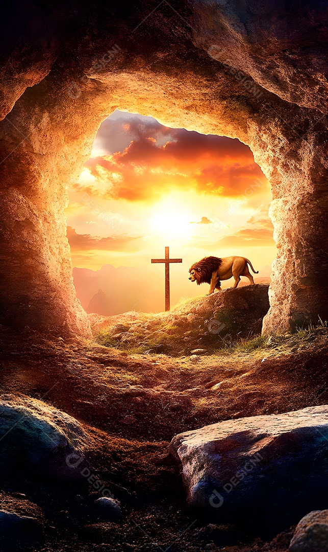 Caverna com abertura de pedra com leão e lindo