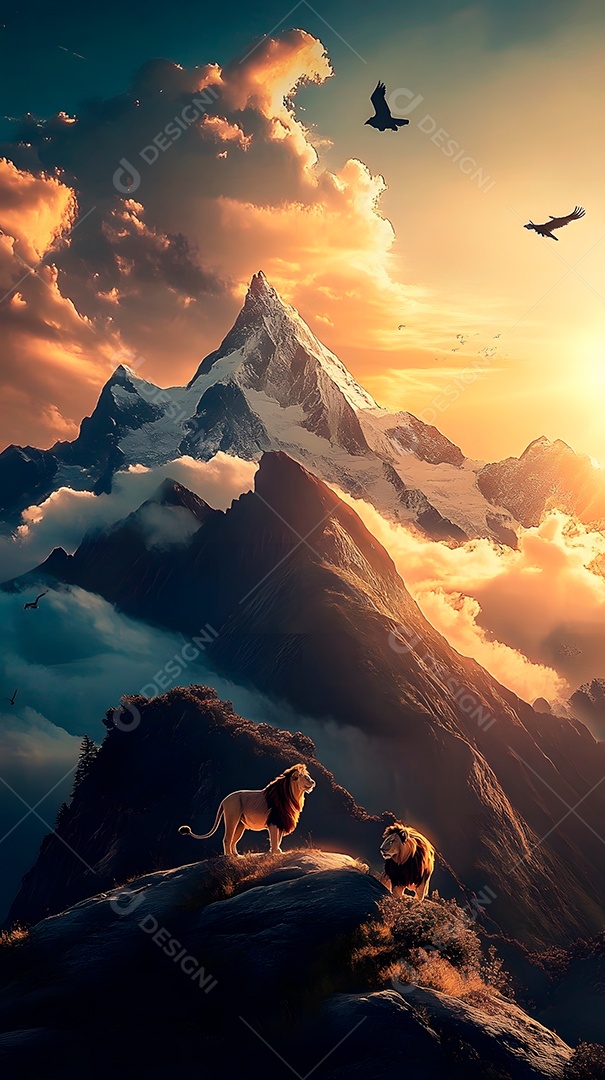 Imagem de montanhas com leões e águias com sol