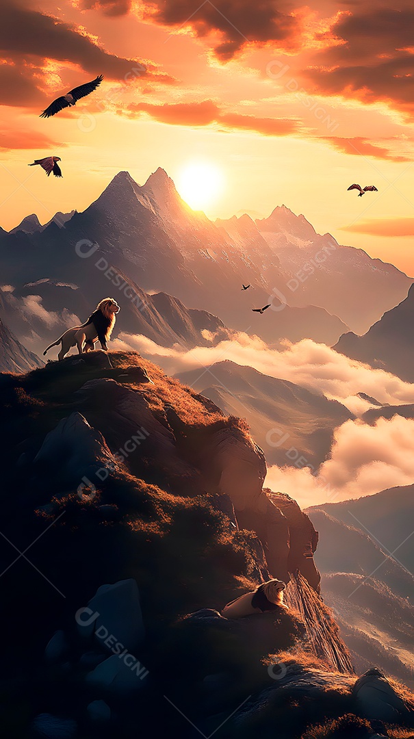 Imagem de montanhas com leões e águias com sol