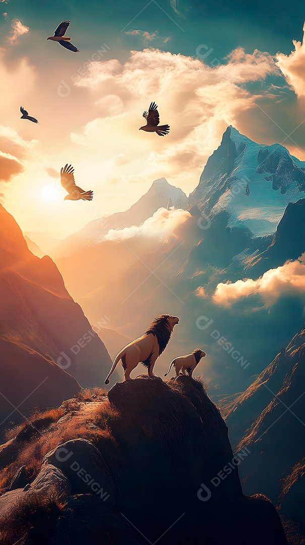 Imagem de montanhas com leões e águias com sol