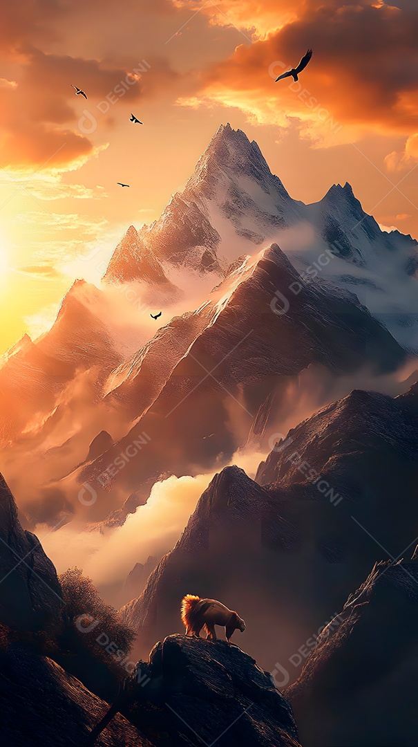 Imagem de montanhas com leões e águias com sol