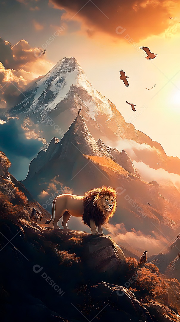 Imagem de montanhas com leões e águias com sol
