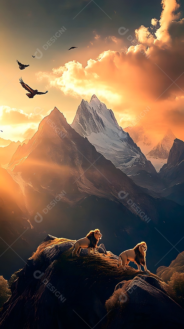 Imagem de montanhas com leões e águias com sol