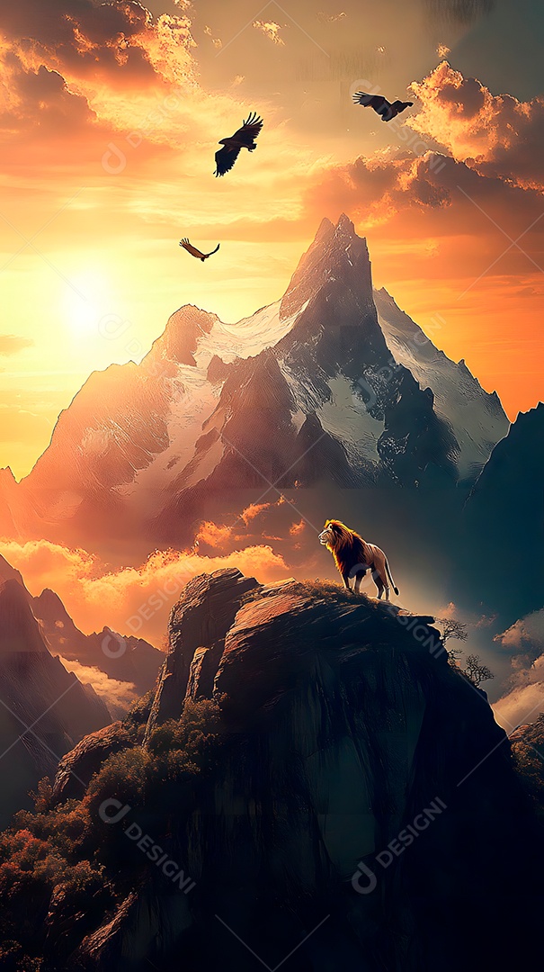 Imagem de montanhas com leões e águias com sol