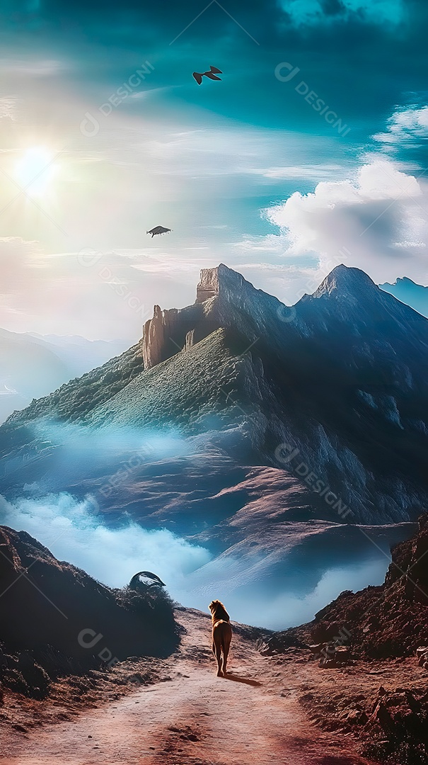 Imagem de montanhas com leões e águias com sol