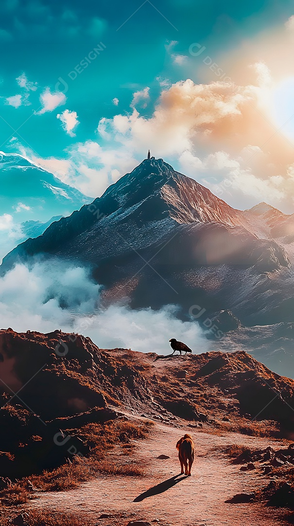 Imagem de montanhas com leões e águias com sol