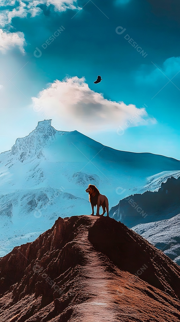 Imagem de montanhas com leões e águias com sol