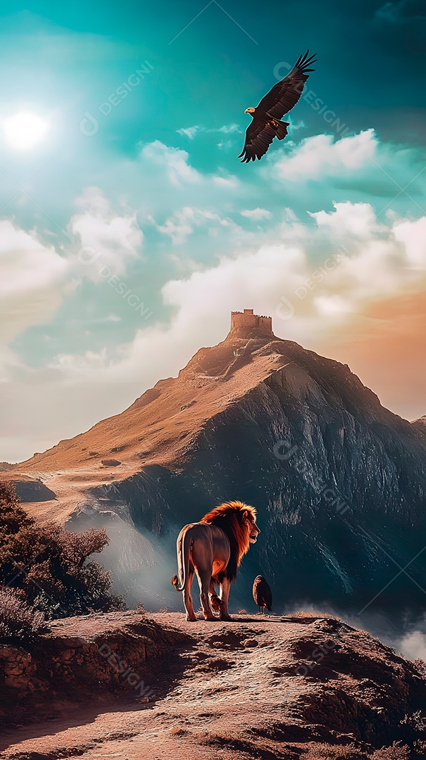 Imagem de montanhas com leões e águias com sol