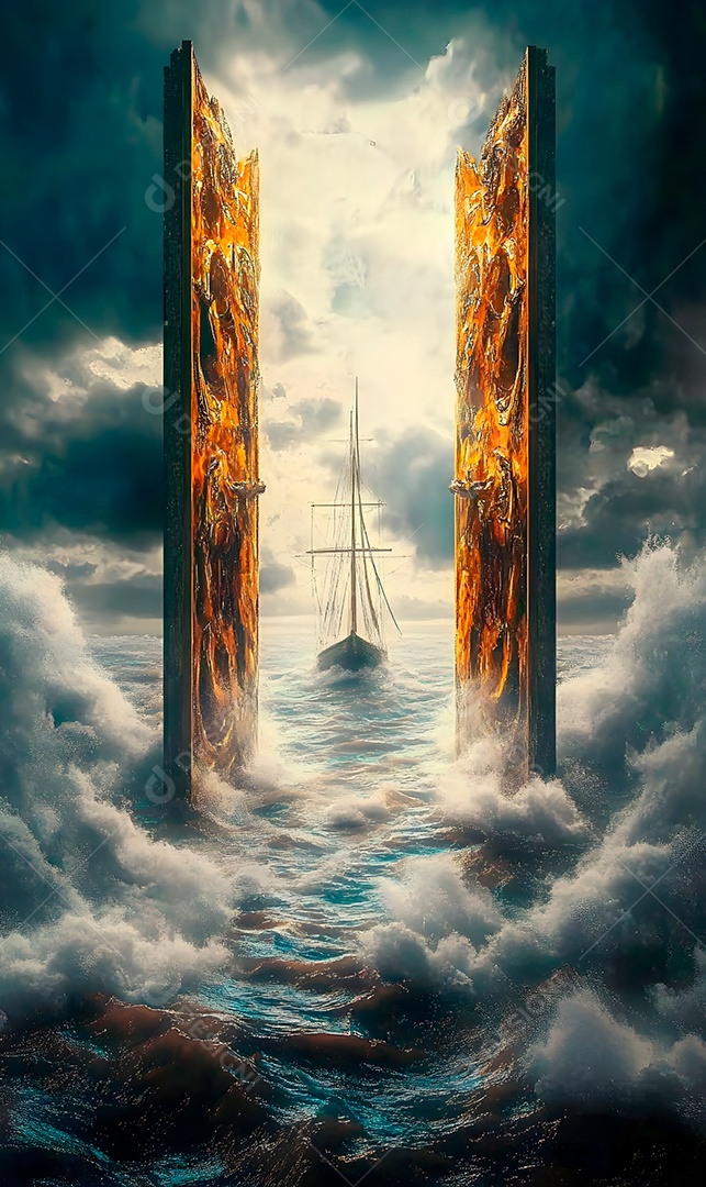 Retrato semelhante de portão do céu sobre fachada um barco