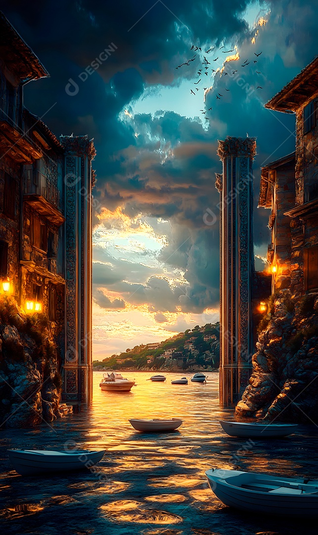 Retrato semelhante de portão do céu sobre fachada um barco