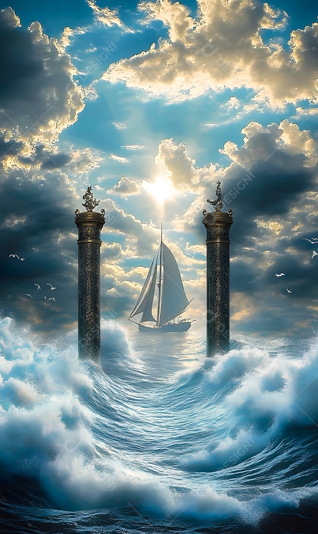 Retrato semelhante de portão do céu sobre fachada um barco