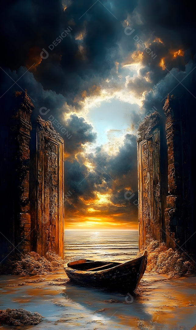 Retrato semelhante de portão do céu sobre fachada um barco