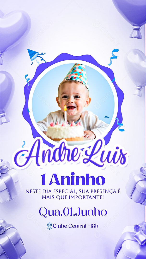 Story Convite de Aniversário André Luiz 1 Aninho Social Media PSD Editável