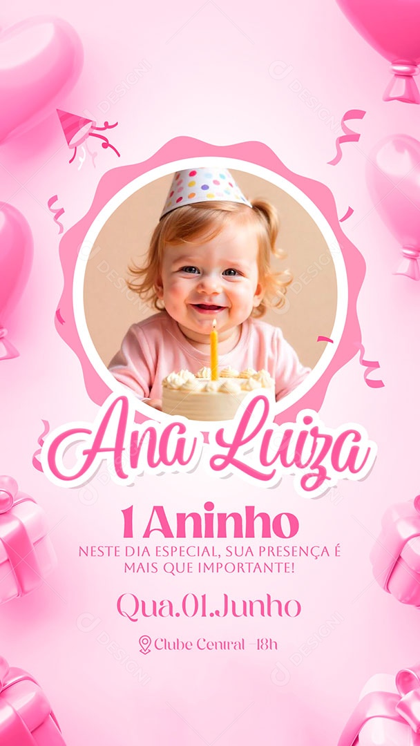 Story Convite de Aniversário Ana Luiza 1 Aninho Social Media PSD Editável