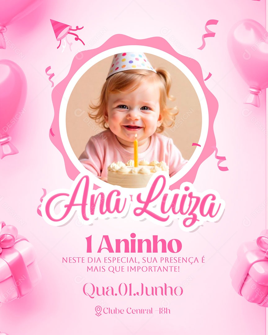 Convite de Aniversário Ana Luiza 1 Aninho Social Media PSD Editável