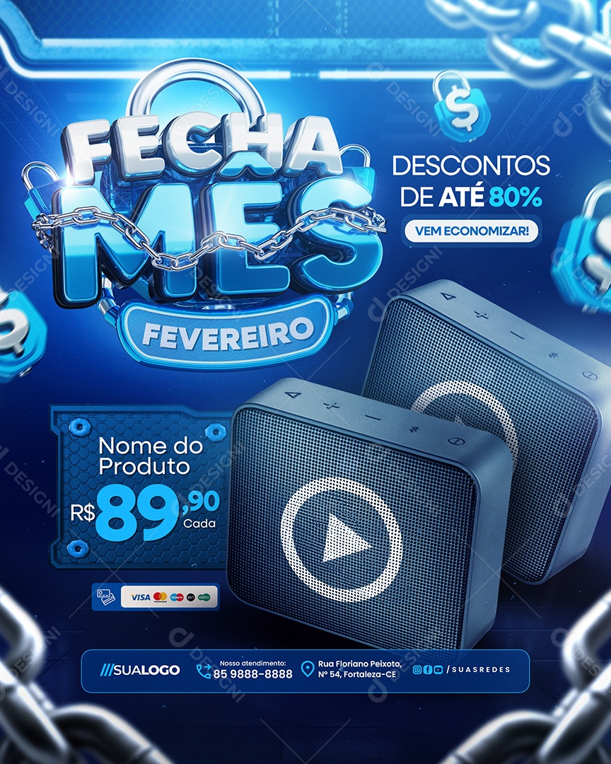 Fecha Mês Fevereiro Loja de Eletrônicos Caixa de Som Social Media PSD Editável