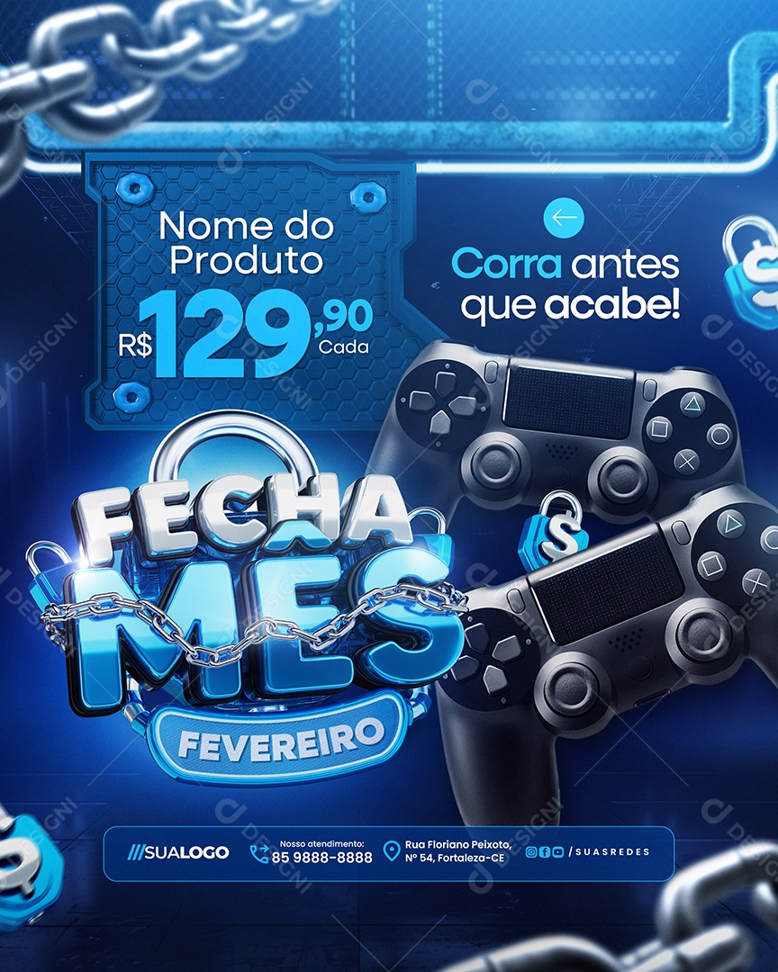 Fecha Mês Fevereiro Loja de Eletrônicos Controle De Video Game Social Media PSD Editável