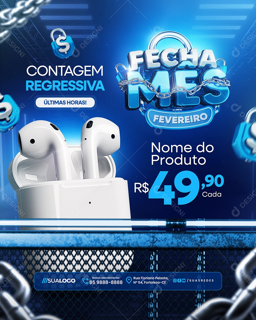 Fecha Mês Fevereiro Loja de Eletrônicos Fone Sem Fio Social Media PSD Editável