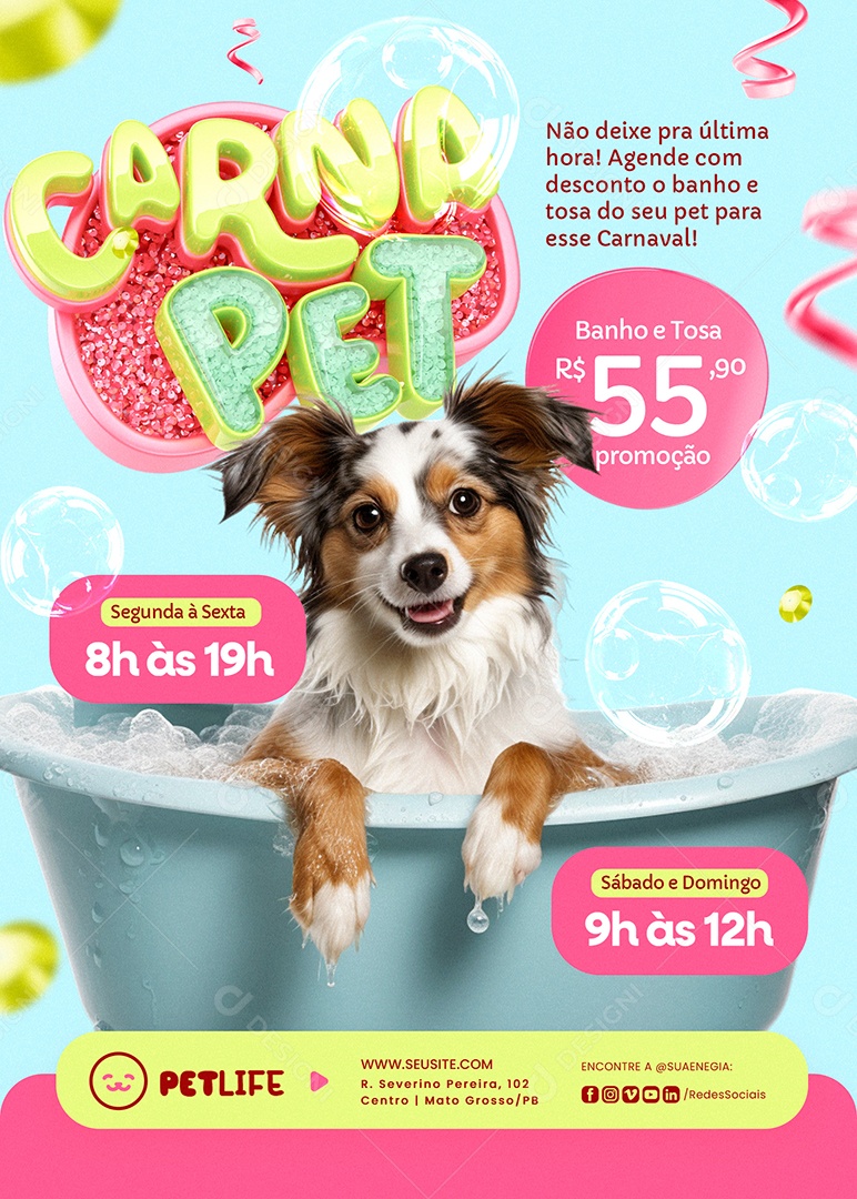 Flyer Petshop Carna Pet Banho e Tosa Social Media PSD Editável