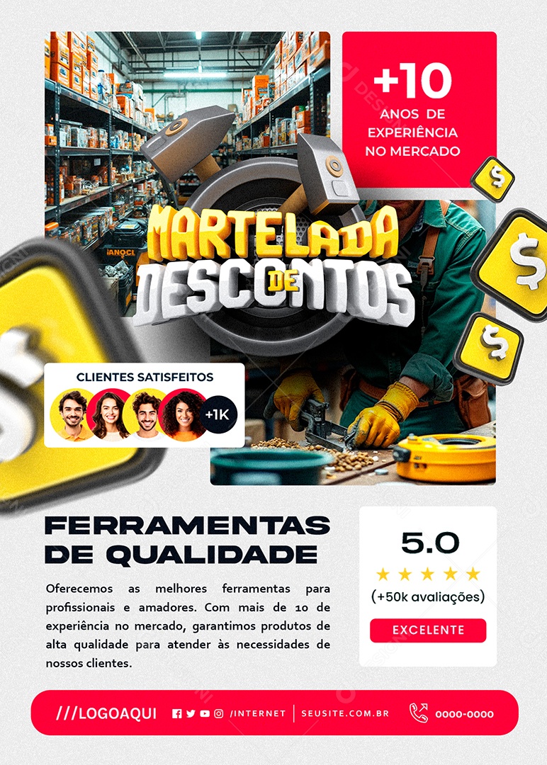 Flyer Ferramentas De Qualidade Martelada De Descontos Social Media PSD Editável