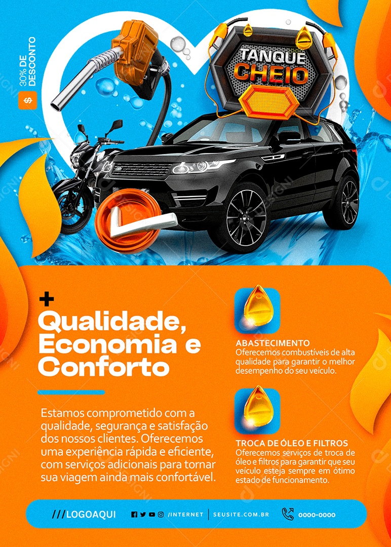 Flyer Posto de Gasolina Qualidade Economia e Conforto Social Media PSD Editável