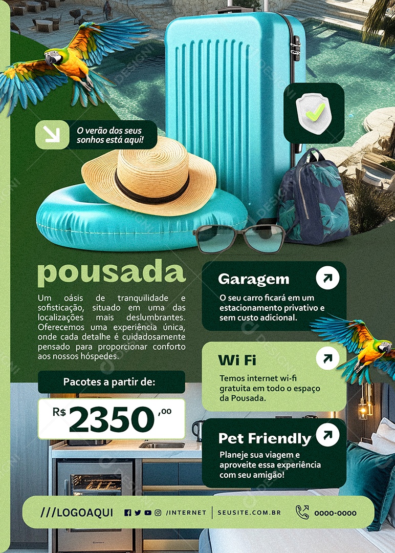Flyer Pousada Garagem Wifi Pet Friendly Social Media PSD Editável