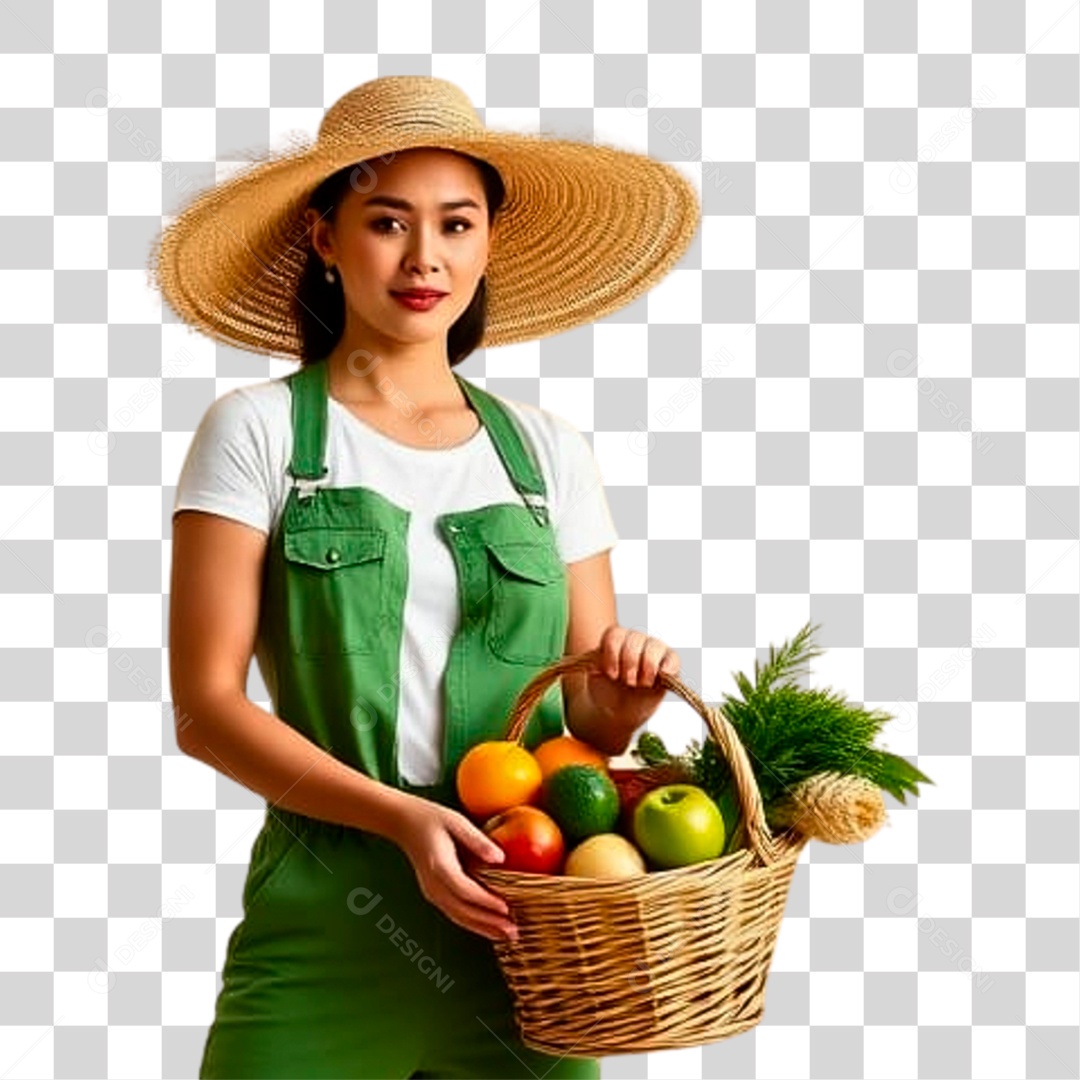 Mulher Segurando Cesta de Frutas PNG Transparente