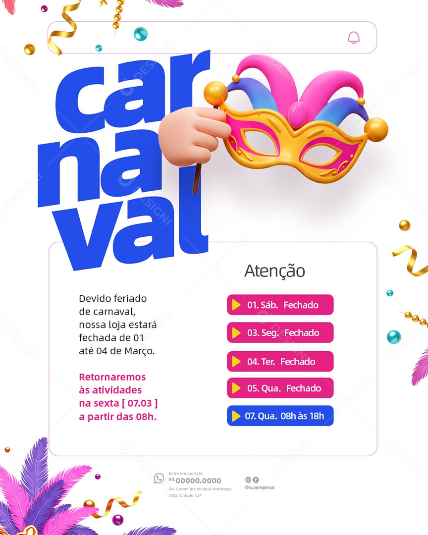Horário Especial de Carnaval Social Media PSD Editável