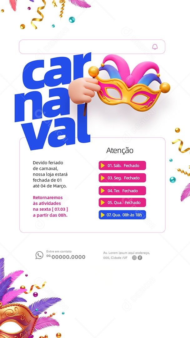 Story Horário Especial de Carnaval Social Media PSD Editável