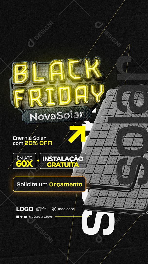 Story Energia Solar Black Friday com 20% Off Social Media PSD Editável