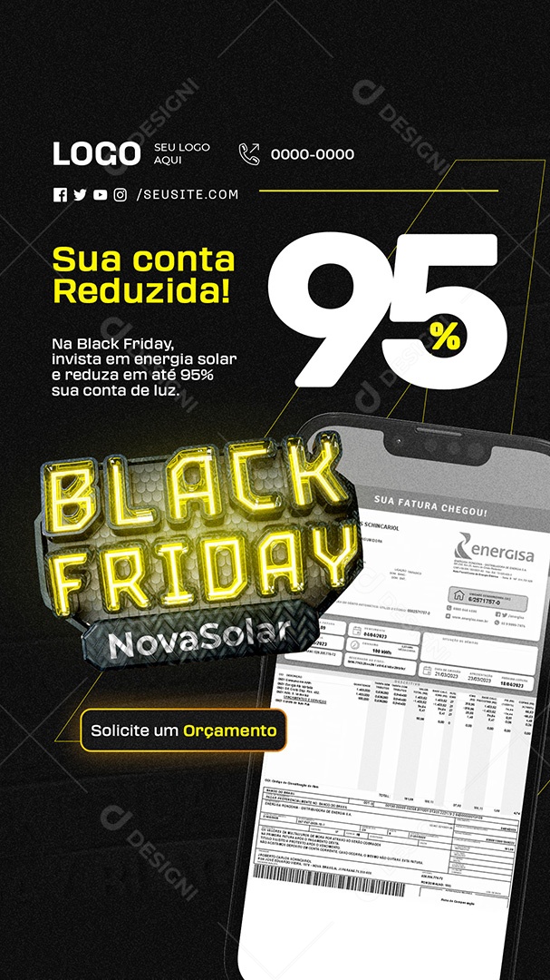 Story Energia Solar Black Friday Sua Conta Reduzida Social Media PSD Editável