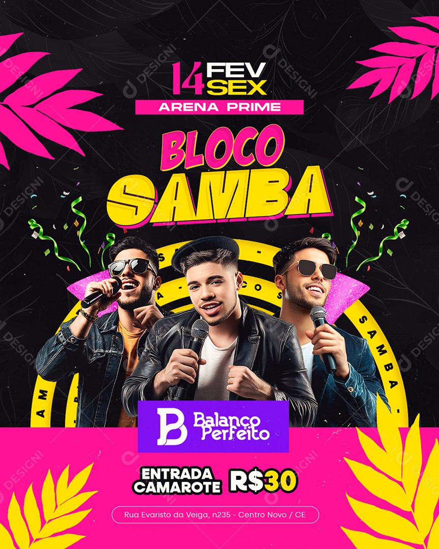 Flyer Carnaval Bloco Samba Social Media PSD Editável