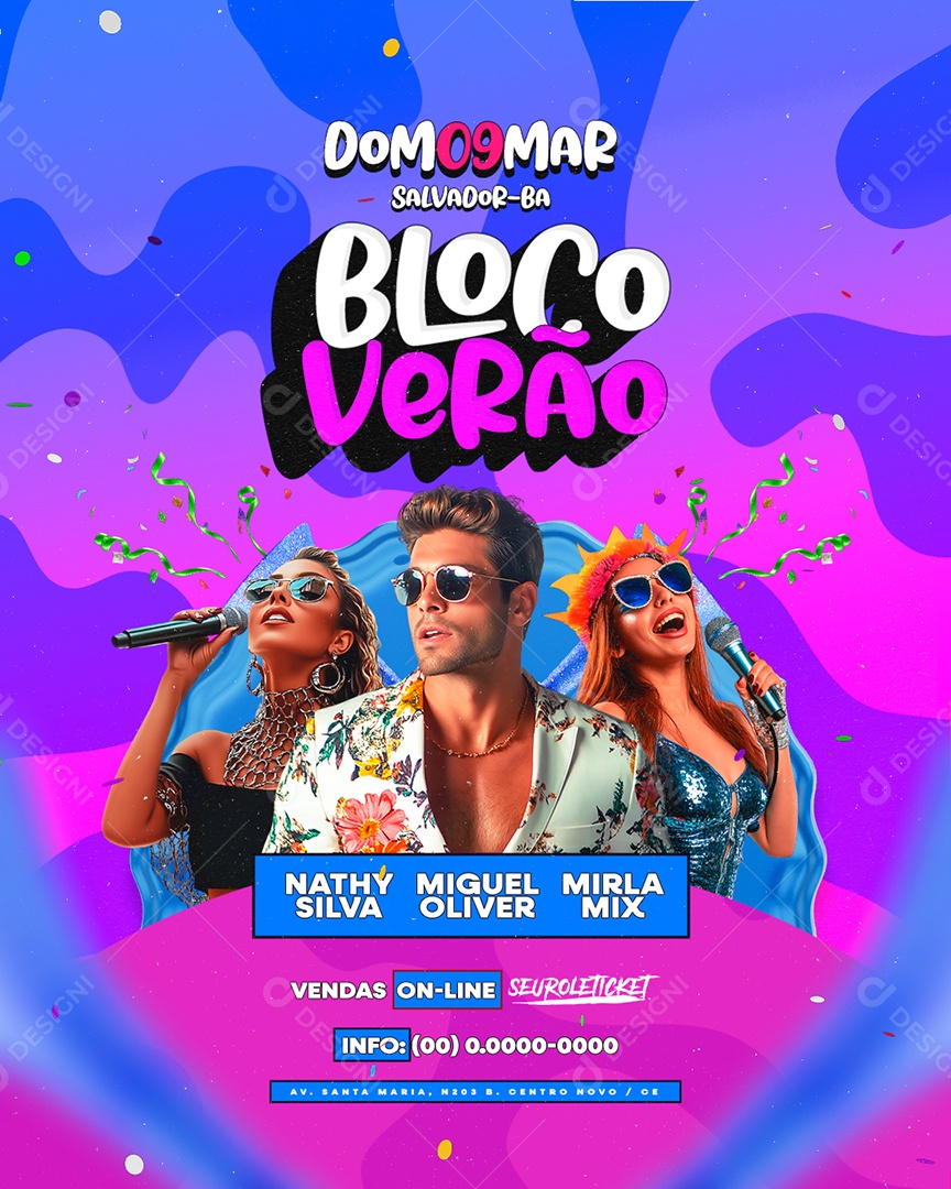 Flyer Carnaval Bloco Verão Social Media PSD Editável