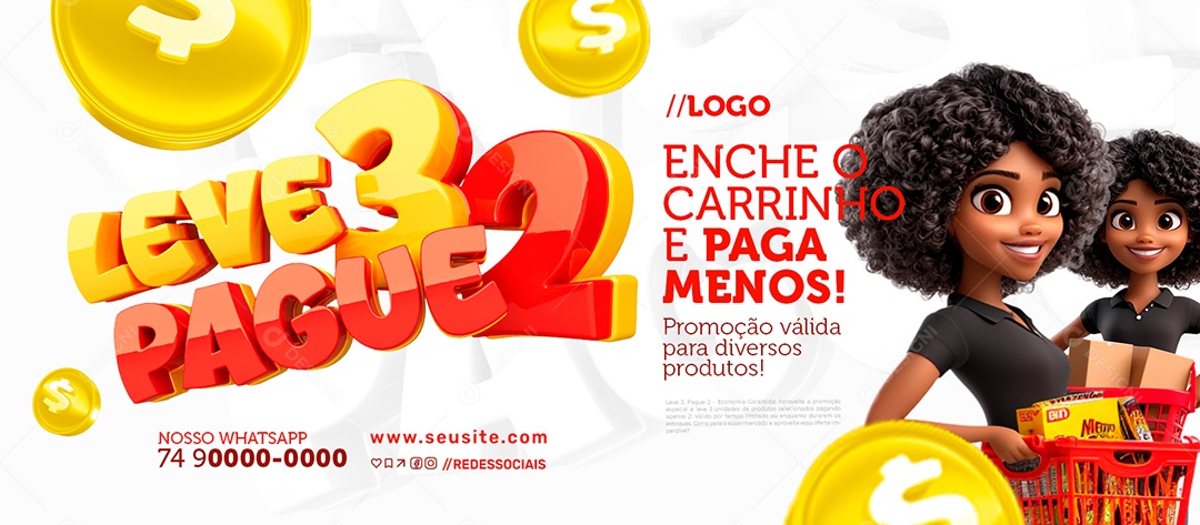 Banner Leve Três Pague Dois Supermercado Enche o Carrinho Social Media PSD Editável