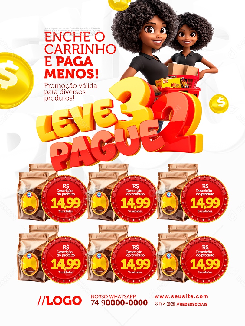 Leve Três Pague Dois Supermercado Encarte Enche o Carrinho Social Media PSD Editável