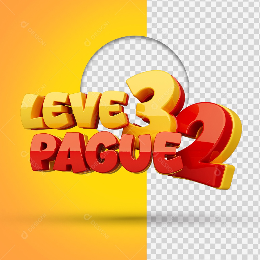 Leve Três Pague Dois Selo 3D Amarelo e Vermelho para Composição PSD