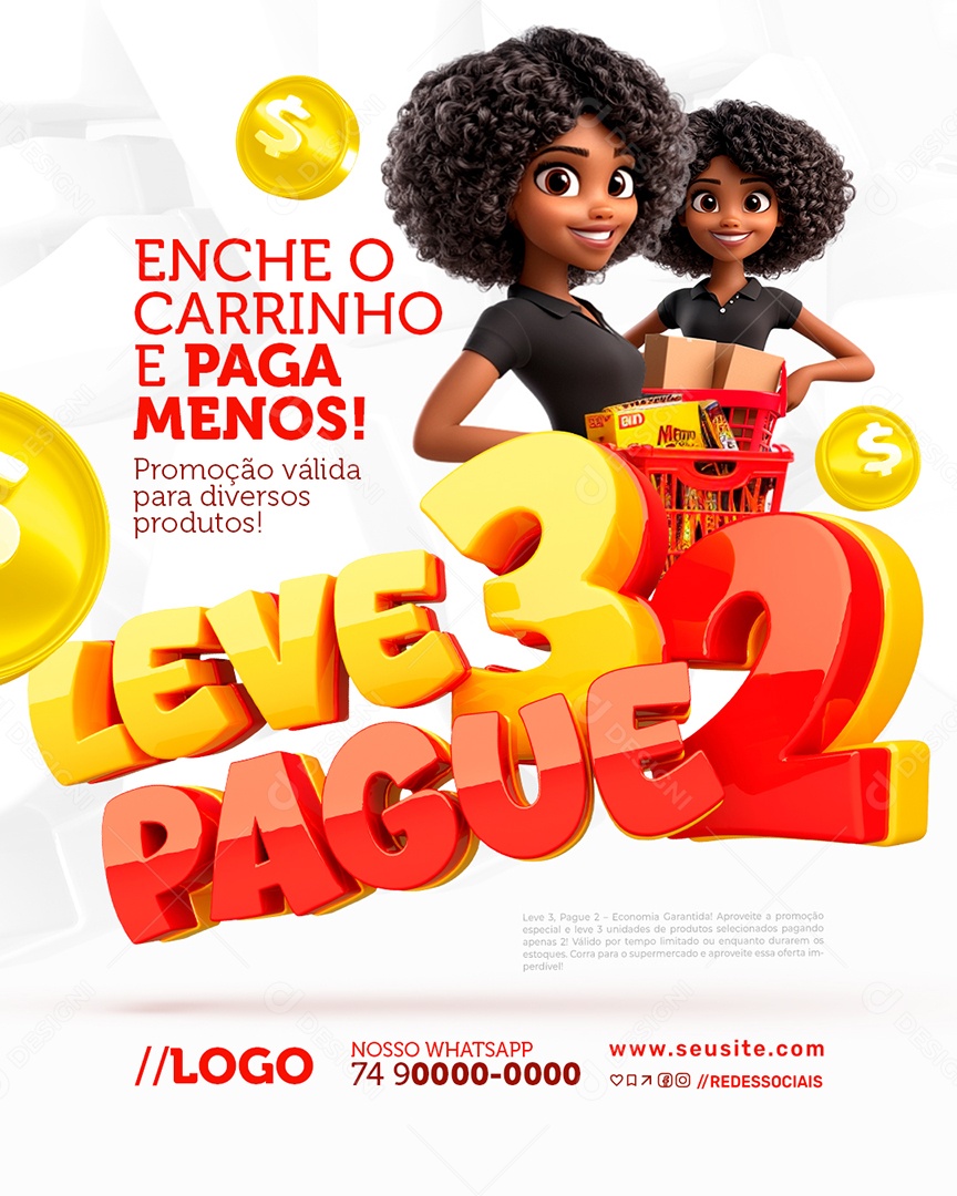 Leve Três Pague Dois Supermercado Enche o Carrinho Social Media PSD Editável