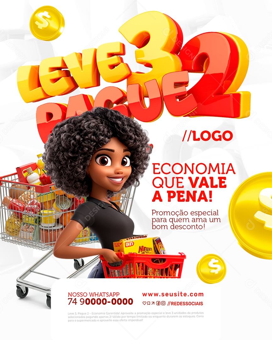 Leve Três Pague Dois Supermercado Economia Que Vale a Pena Social Media PSD Editável