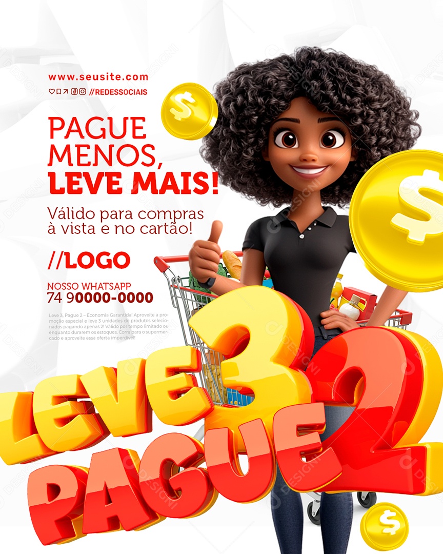 Leve Três Pague Dois Supermercado Pague Menos Leve Mais Social Media PSD Editável