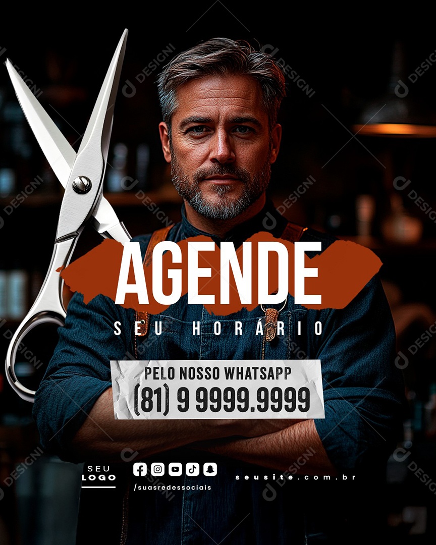 Barbearia Agende Seu Horário Pelo Nosso Whatapp Social Media PSD Editável