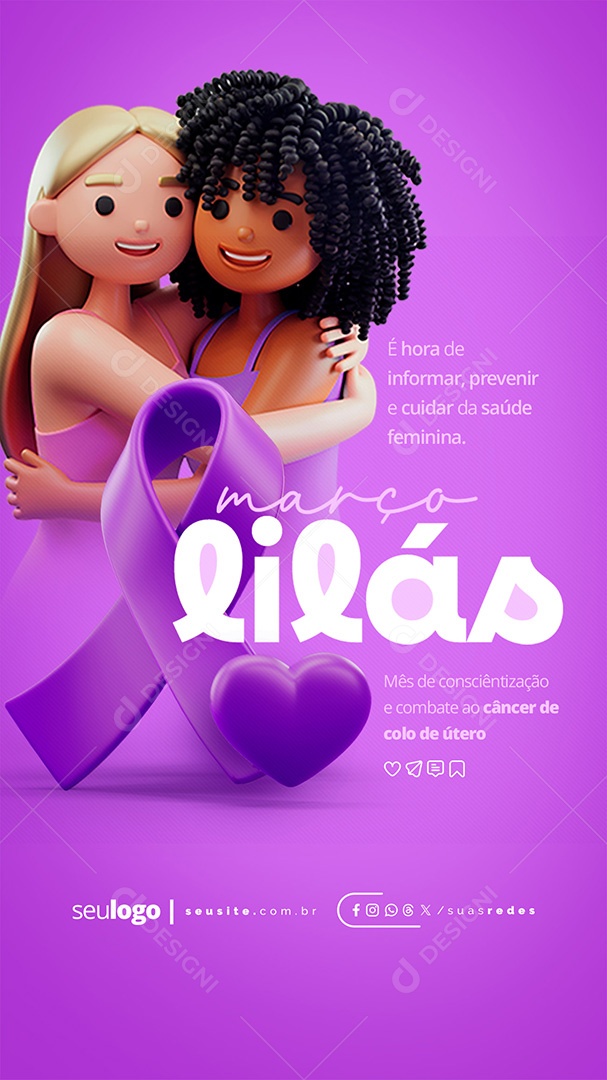 Story Março Lilás é Hora de Informar Prevenir e Cuidar da Saúde Social Media PSD Editável