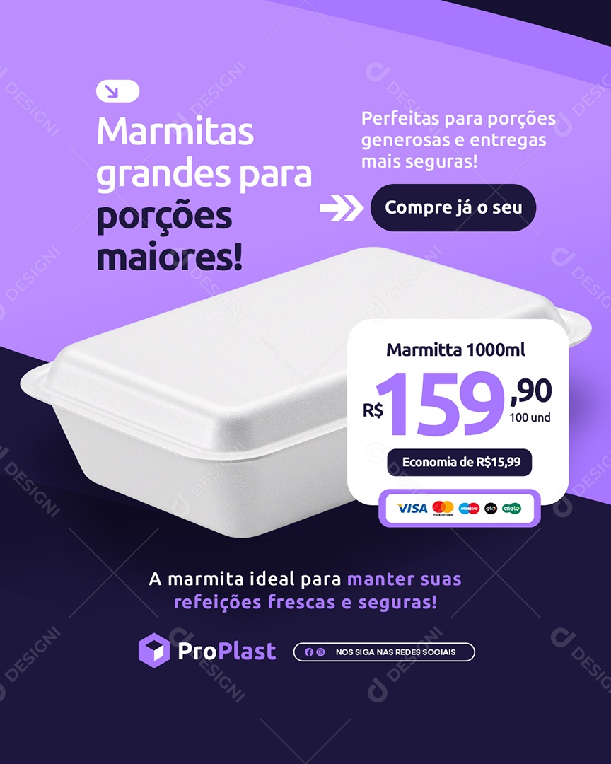 Embalagem Plástica Marmitas Grandes para Porções Maiores Social Media PSD Editável