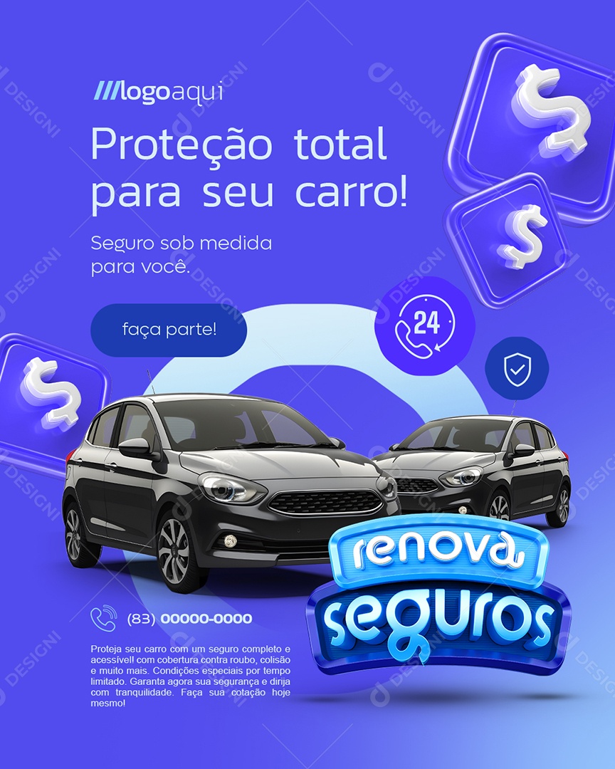 Renova Seguros Proteção Total para Seu Carro Social Media PSD Editável