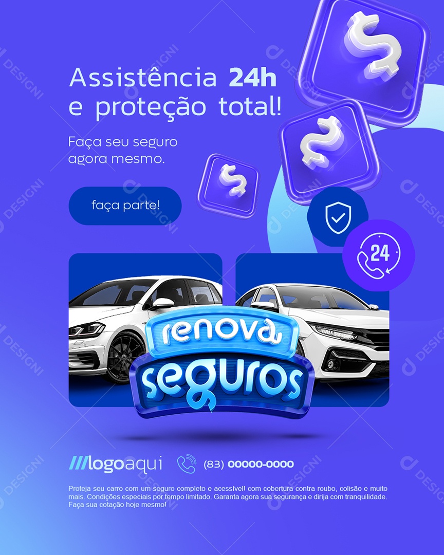 Renova Seguros Assistência 24H e Proteção Total Social Media PSD Editável