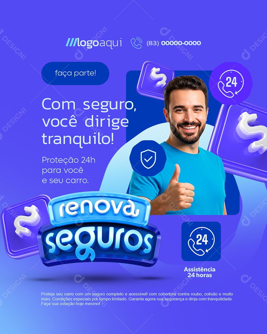Renova Seguros Com Seguro Você Dirige Tranquilo Social Media PSD Editável